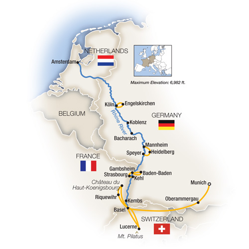Map Of The Romantic Rhine Basel to Amsterdam featuring Oberammergau Northbound