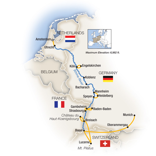 Map Of The Romantic Rhine Amsterdam to Basel featuring Oberammergau Southbound