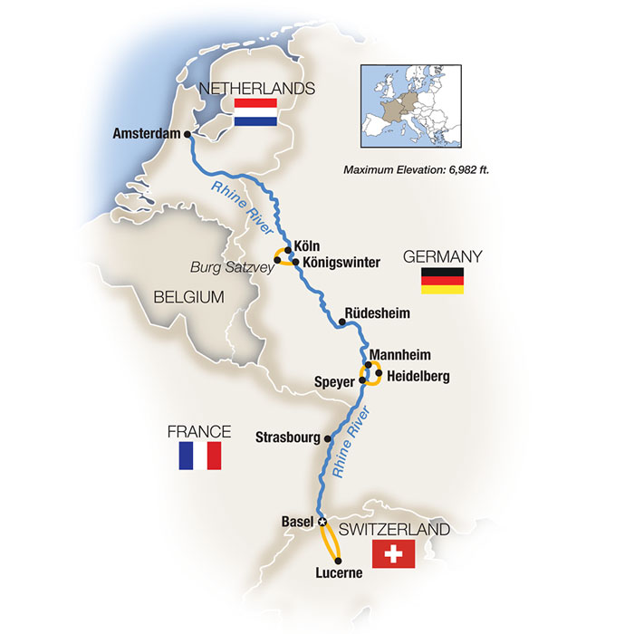 Castles on the Rhine: Family Riverboat Adventure - Northbound Itinerary Map