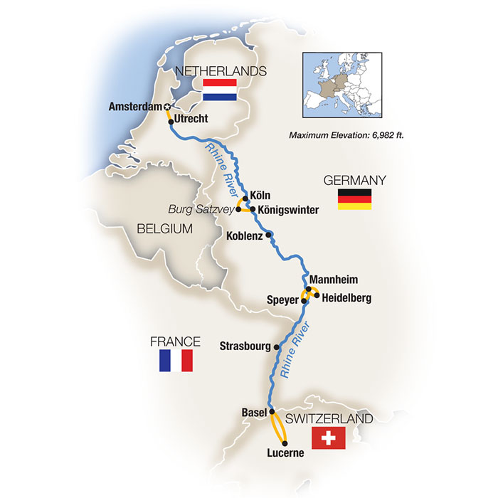 Castles on the Rhine: Family Riverboat Adventure - Southbound Itinerary Map