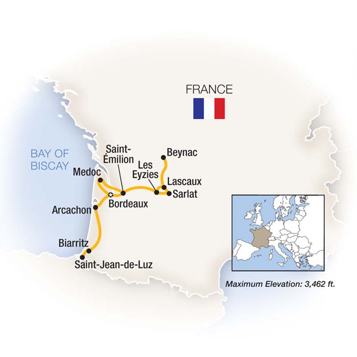 Map of Bordeaux, the Dordogne & Biarritz from Tauck