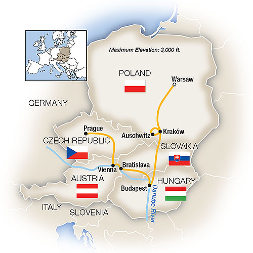 Warsaw Budapest Vienna Prague Poland Escorted Tour Map