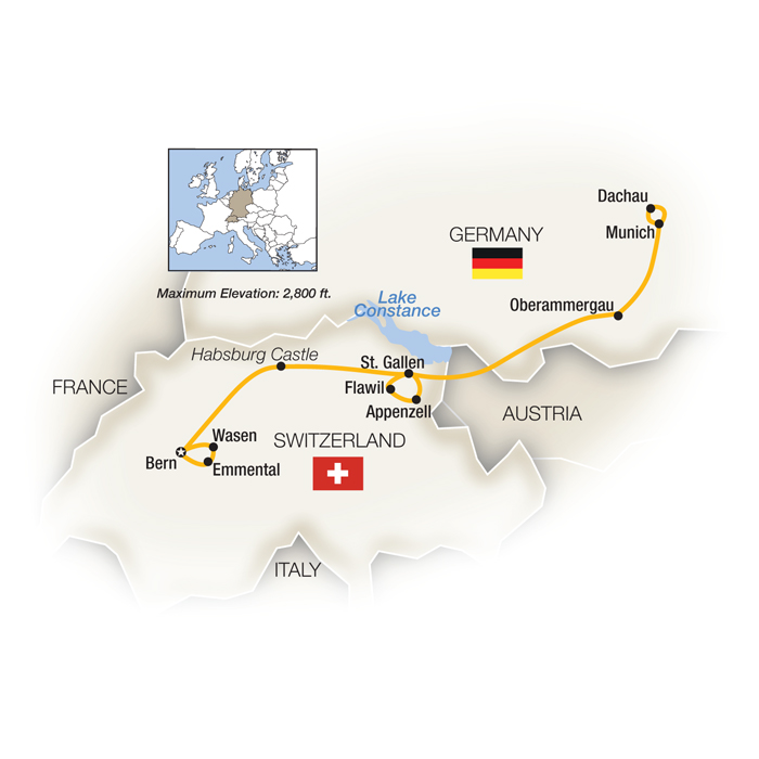 Map Of Swiss Highlands and Bavarian Alps Eastbound including the Oberammergau Passion Play 2022