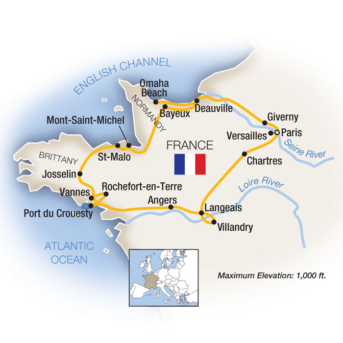 Brittany Paris Loire Valley Normandy Escorted Tour Map