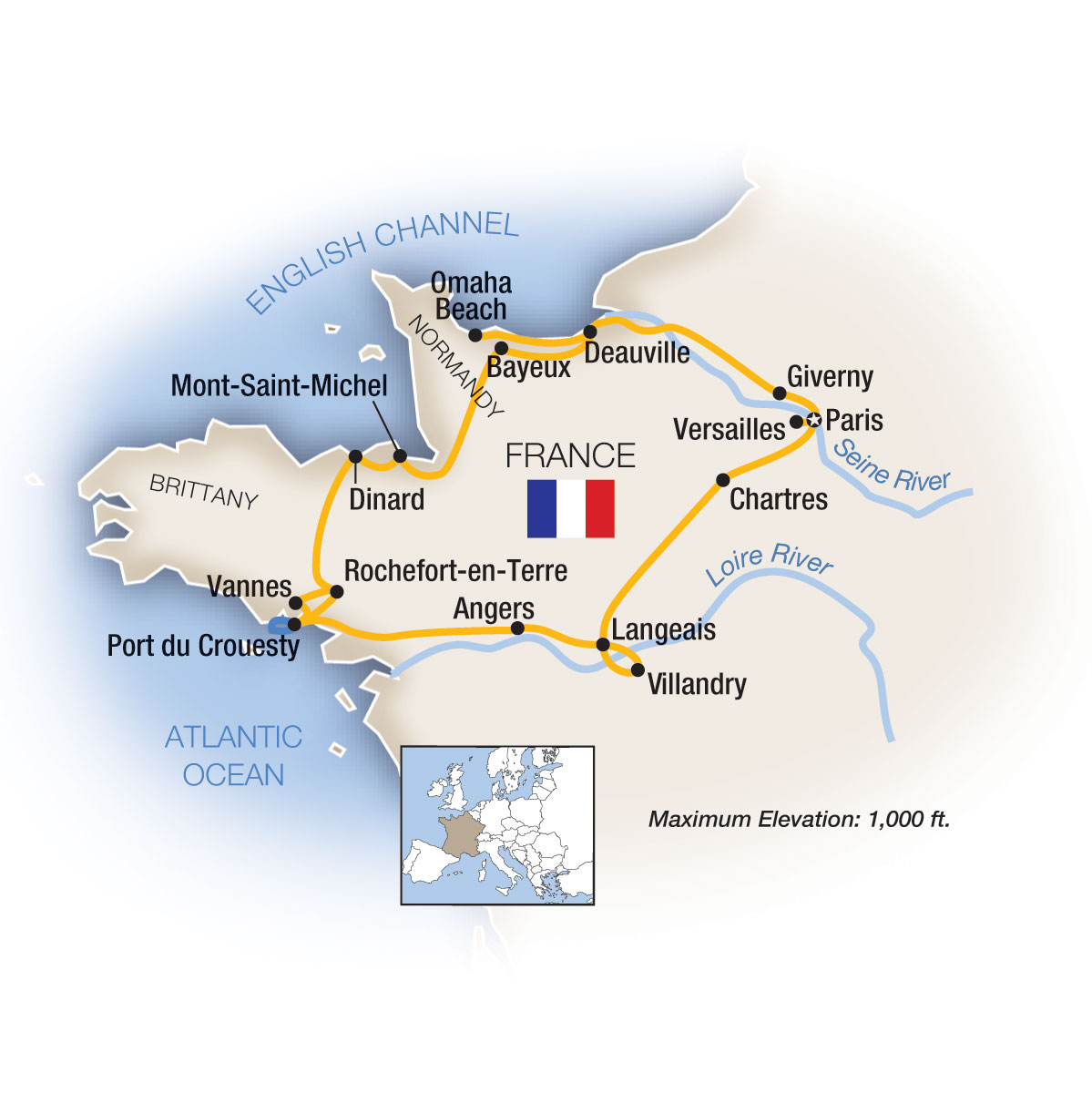 Normandy, Brittany, Paris & the Loire Valley Itinerary Map