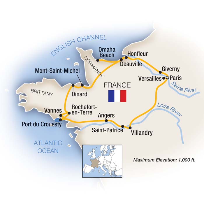 Normandy, Brittany, Paris & the Loire Valley Itinerary Map