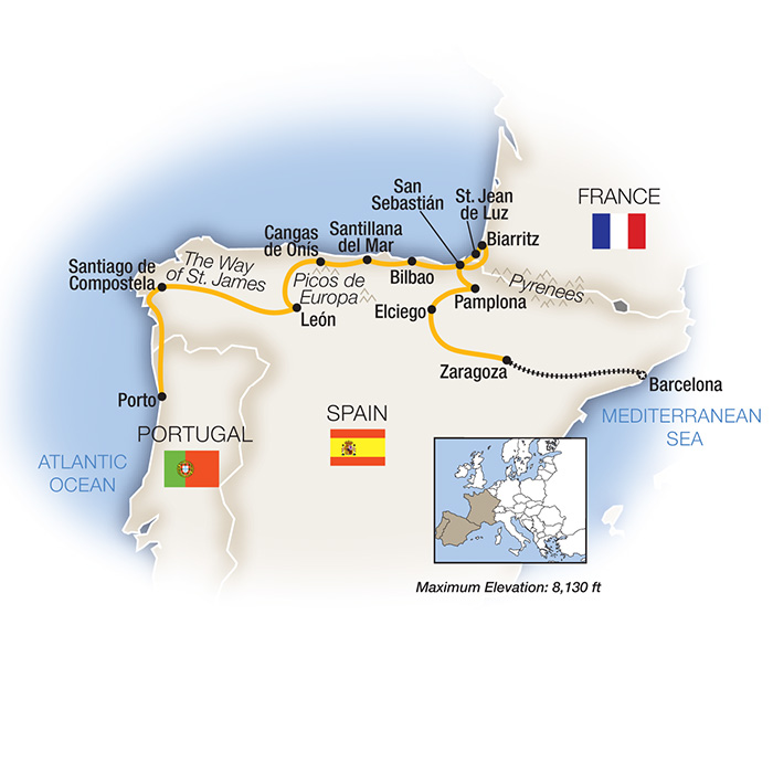 Map of Northern Spain: Barcelona to Porto from Tauck
