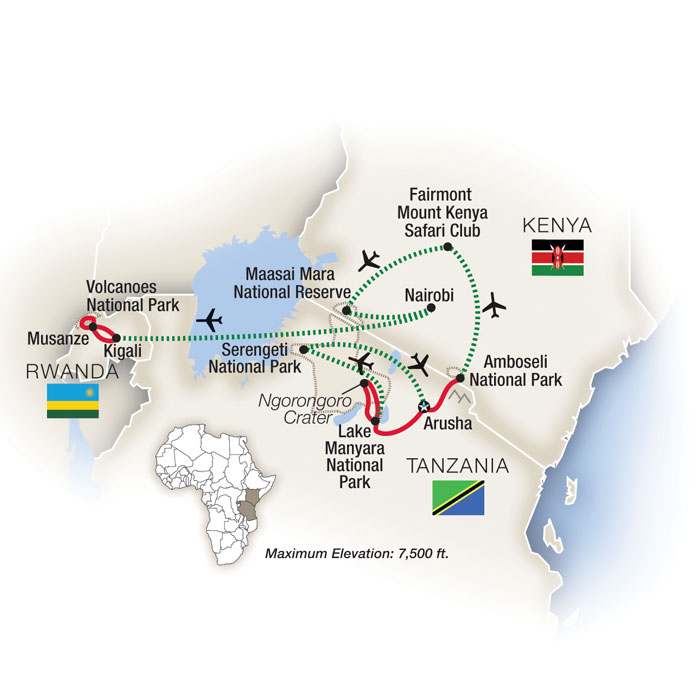 Mountain Gorilla Safari: Kenya, Tanzania & Rwanda Itinerary Map