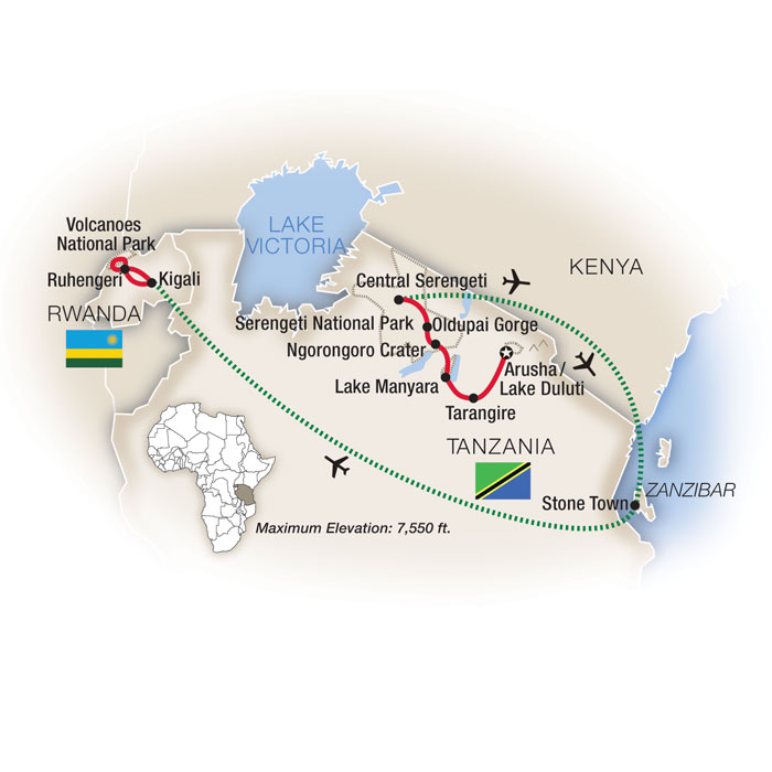 Mountain Gorilla Safari: Tanzania, Zanzibar & Rwanda Itinerary Map