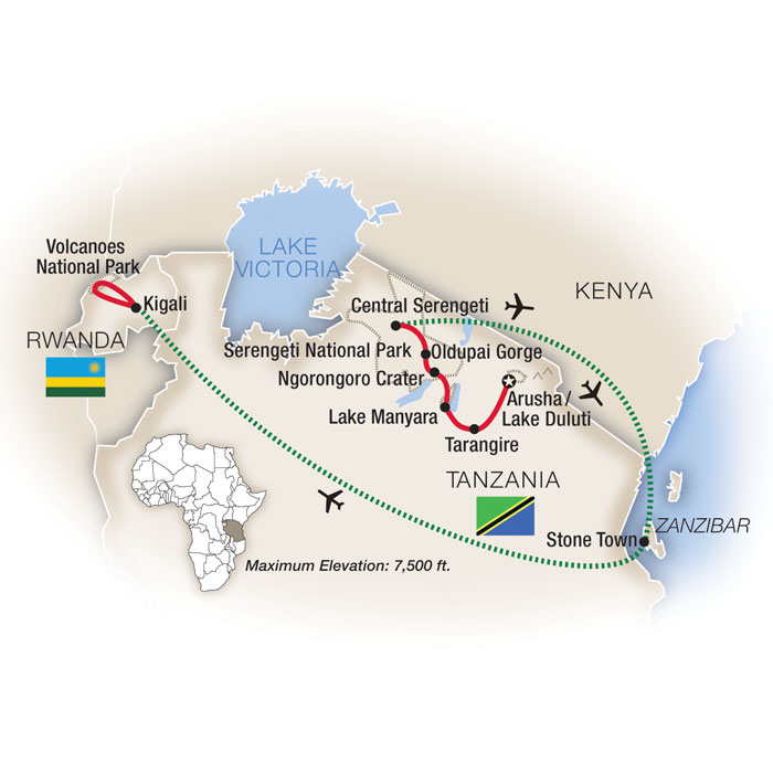 Mountain Gorilla Safari: Tanzania, Zanzibar & Rwanda Itinerary Map