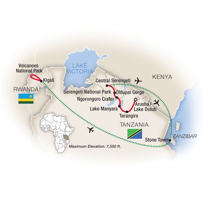 Mountain Gorilla Safari: Tanzania, Zanzibar & Rwanda Itinerary Map