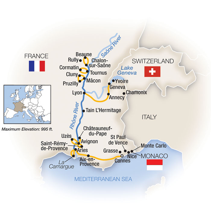 La Belle Vie: The Rhone, Geneva & the Riviera - Northbound Itinerary Map