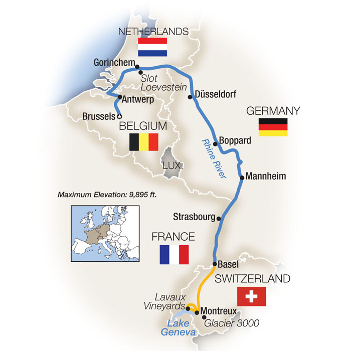 Rhine Connoisseur: Brussels to Montreux - Southbound Itinerary Map