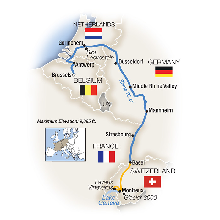 Rhine Connoisseur: Brussels to Montreux - Southbound Itinerary Map