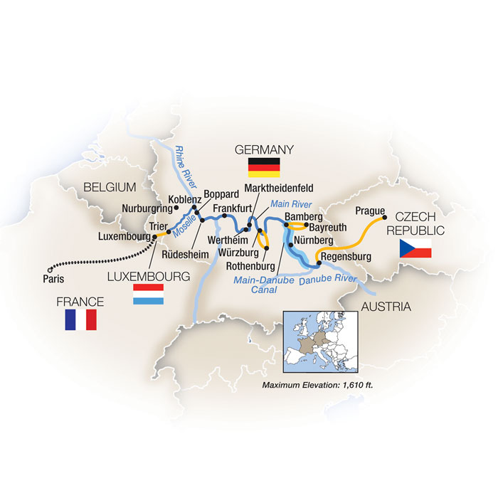 Romantic Capitals:  Paris to Prague - Eastbound Itinerary Map