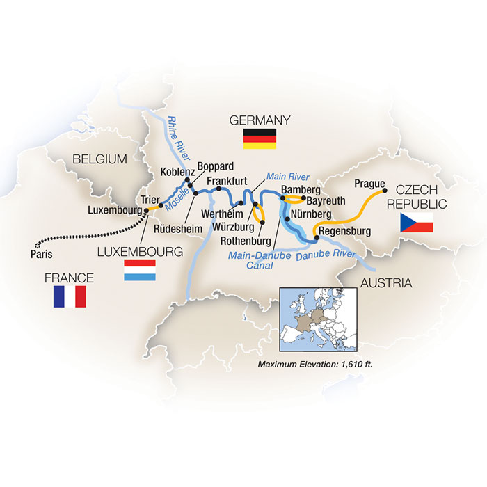 Romantic Capitals:  Paris to Prague - Eastbound Itinerary Map