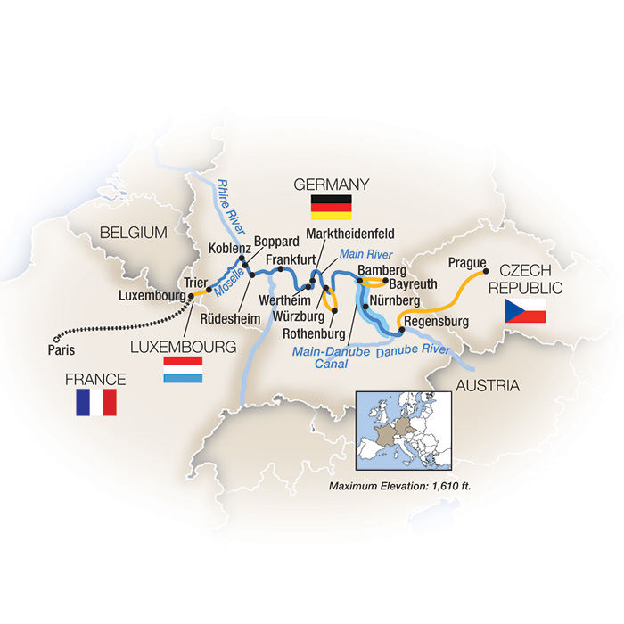 Romantic Capitals:  Paris to Prague - Eastbound Itinerary Map