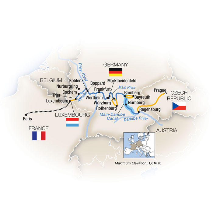 Romantic Capitals: Prague to Paris - Westbound Itinerary Map