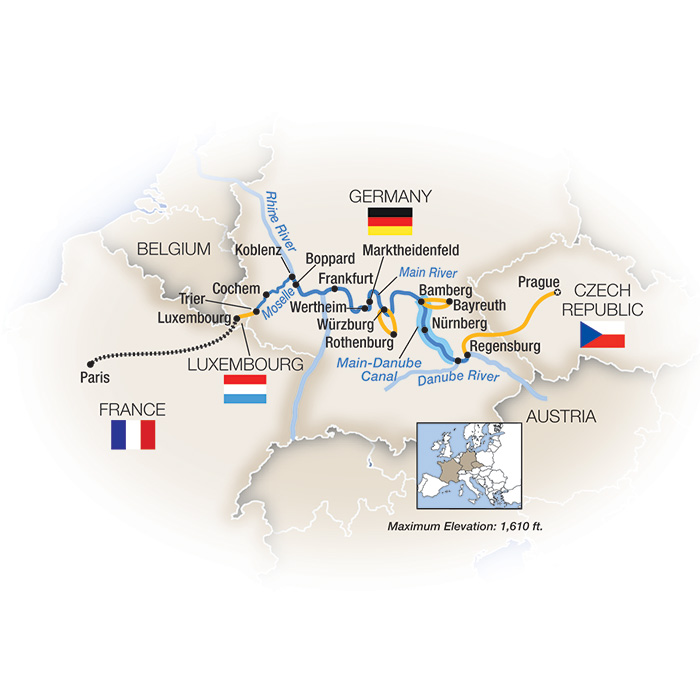 Romantic Capitals: Prague to Paris - Westbound Itinerary Map