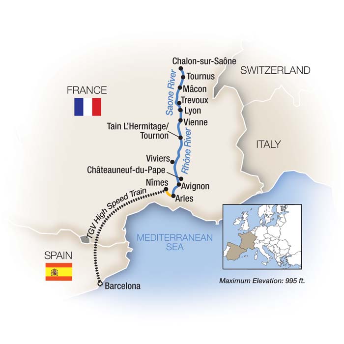 Barcelona, Burgundy & the Rhône map