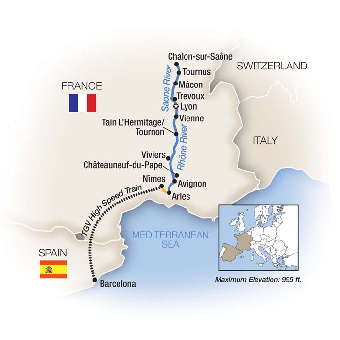 Barcelona, Burgundy & the Rhône map