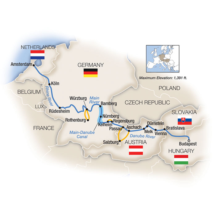 Budapest to Amsterdam by Riverboat - Northbound Itinerary Map