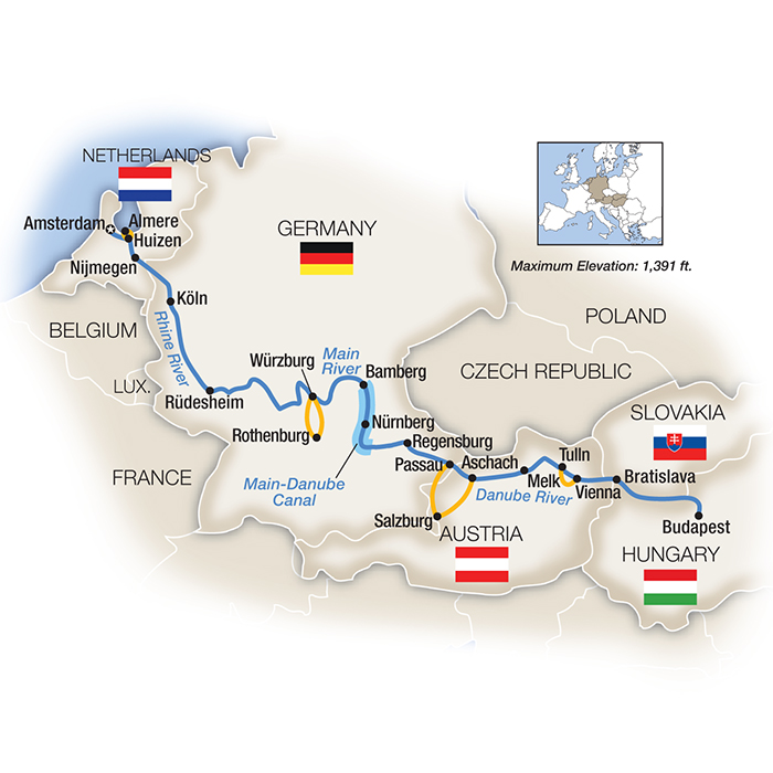 Amsterdam to Budapest by Riverboat - Southbound Itinerary Map