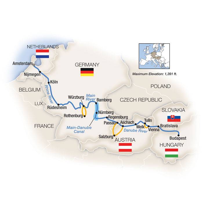 Amsterdam to Budapest by Riverboat - Southbound Itinerary Map