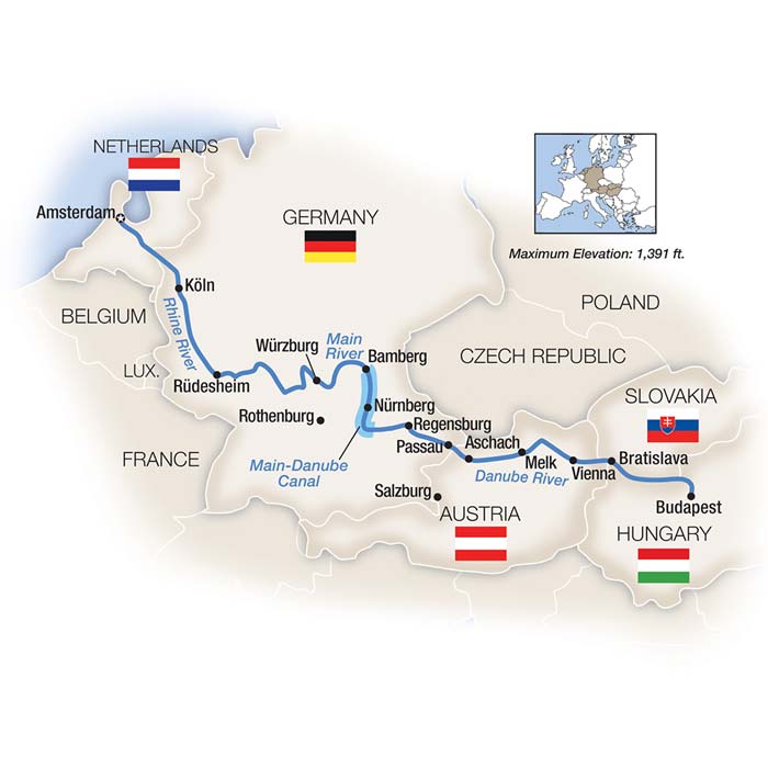 Amsterdam to Budapest by Riverboat - Southbound Itinerary Map
