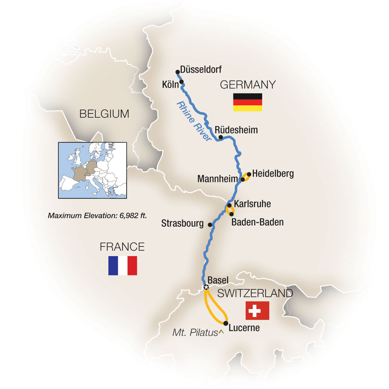 Christmas Markets Along the Rhine - Northbound Itinerary Map