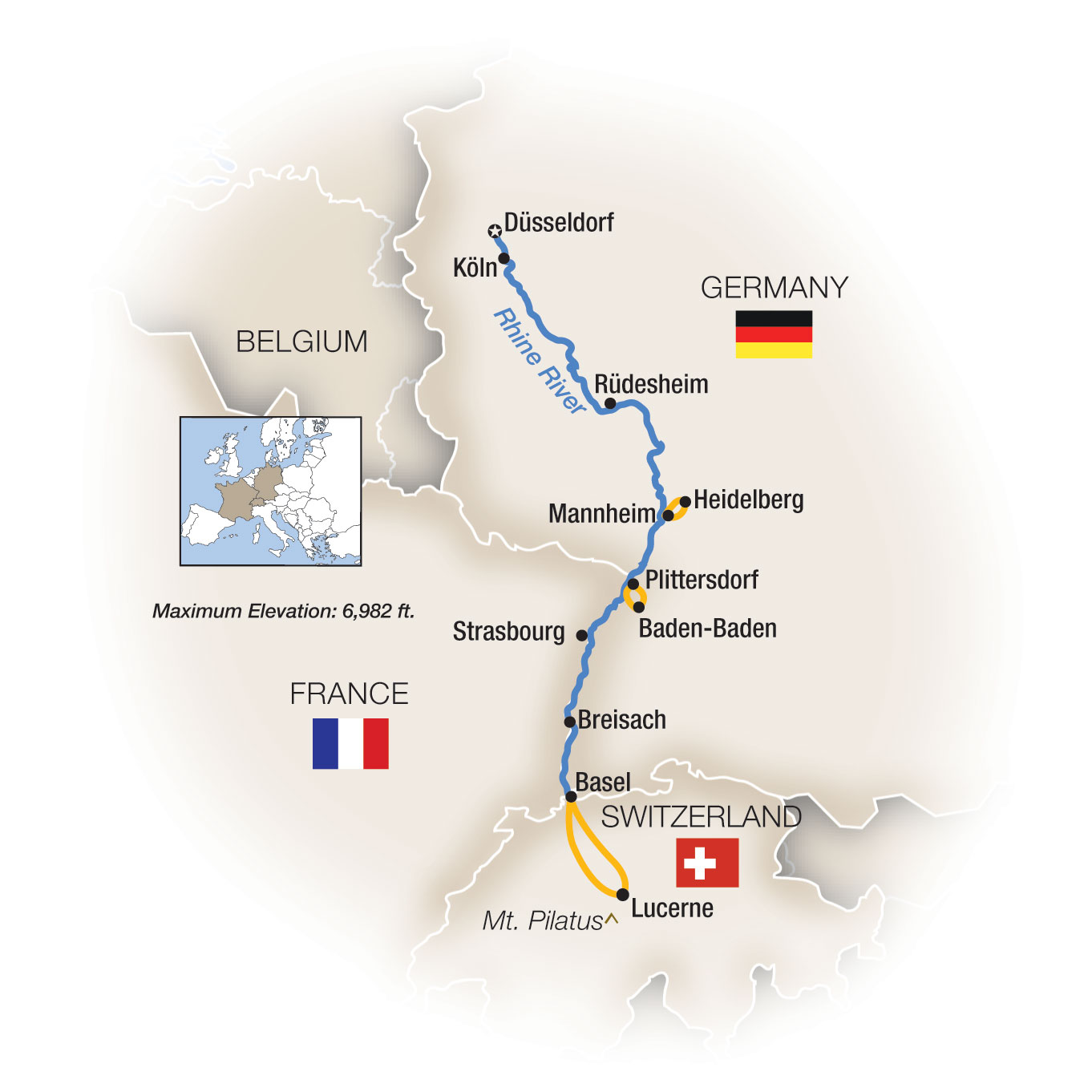 Christmas Markets Along the Rhine  - Southbound Itinerary Map