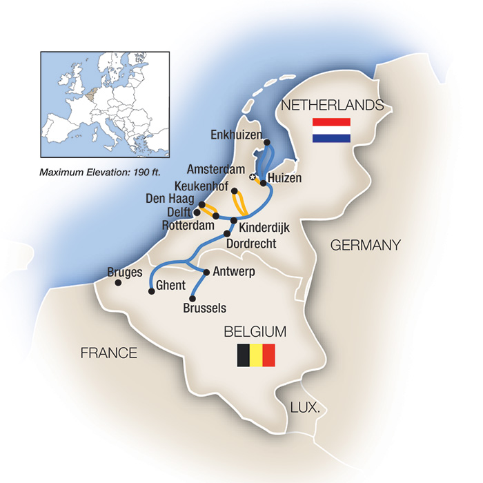 Holland & Belgium in Spring - Southbound Itinerary Map