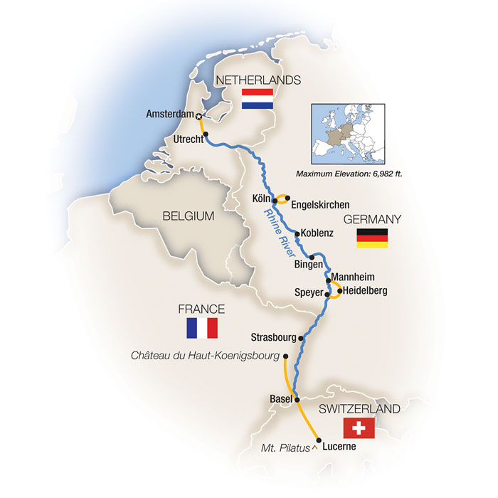 The Romantic Rhine: Amsterdam to Basel  - Southbound Itinerary Map