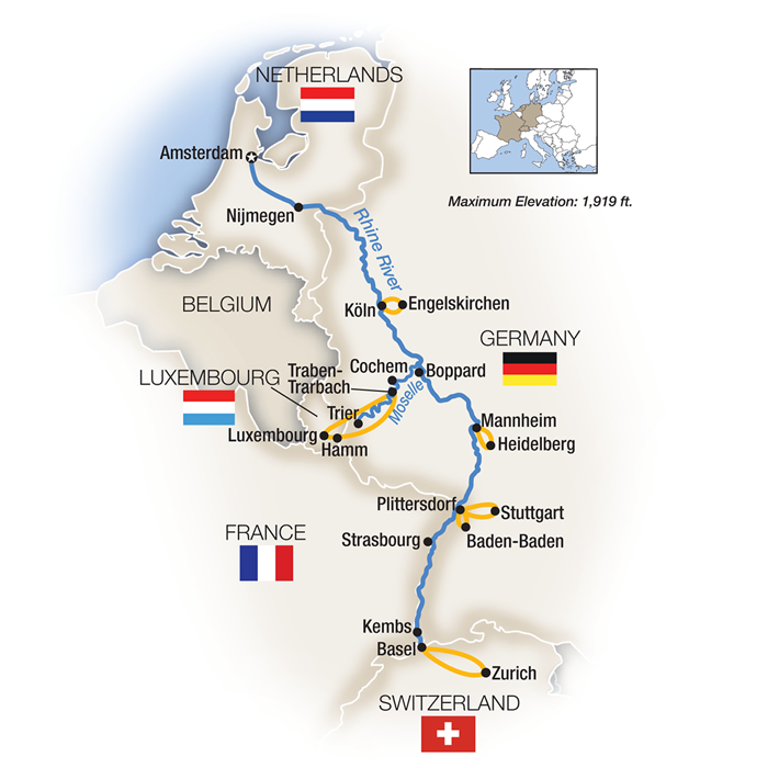 The Rhine and Moselle  - Southbound Itinerary Map