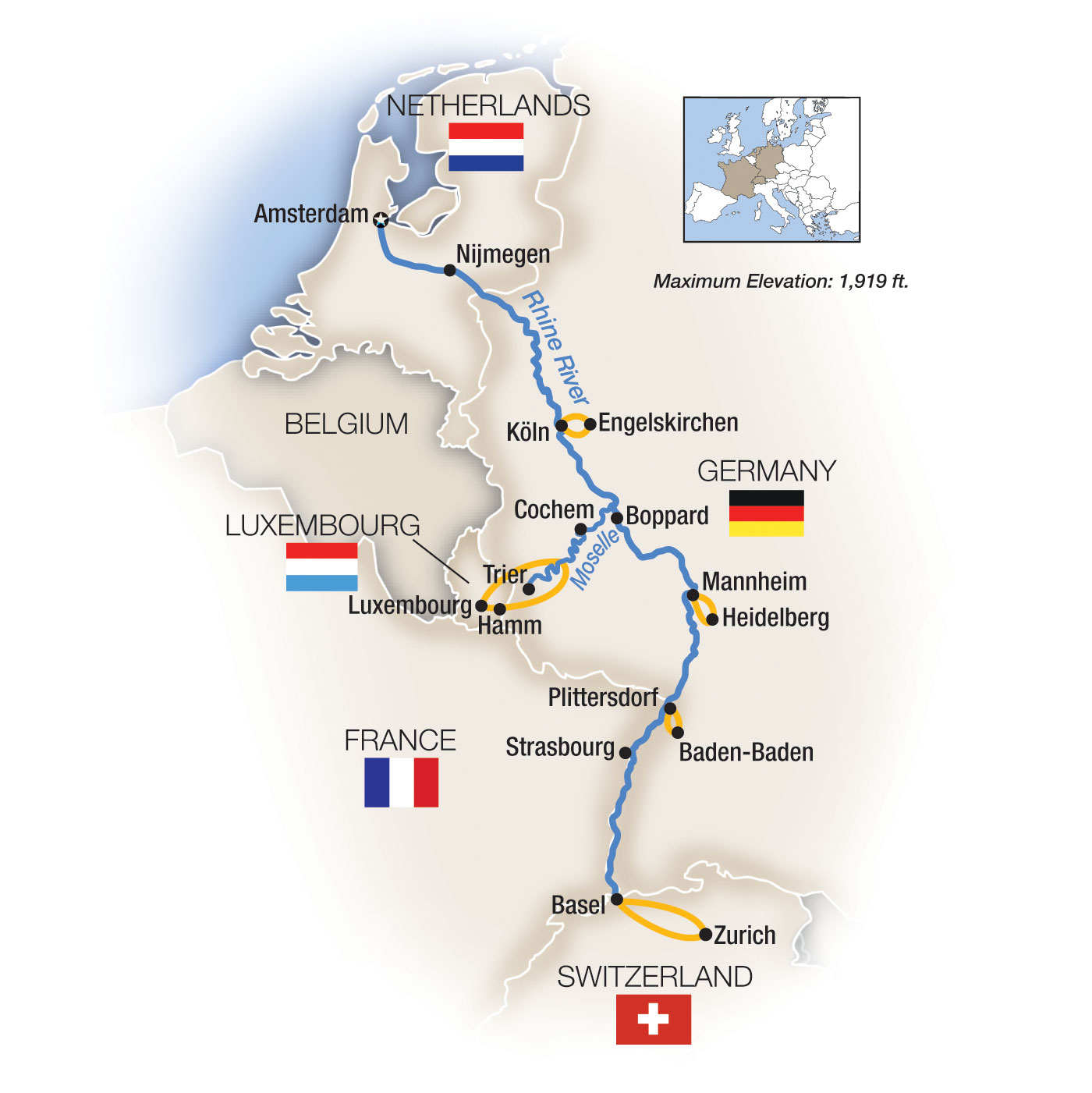 The Rhine and Moselle  - Southbound Itinerary Map