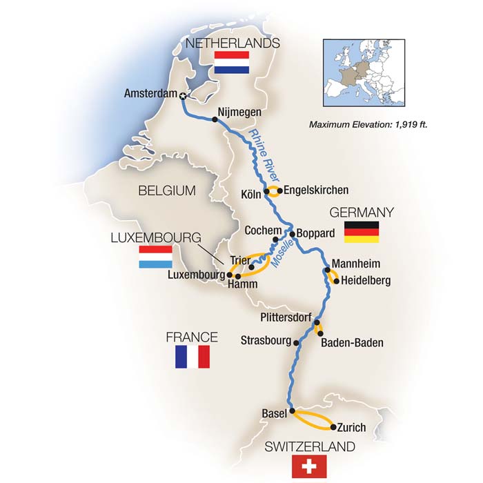 The Rhine and Moselle  - Southbound Itinerary Map