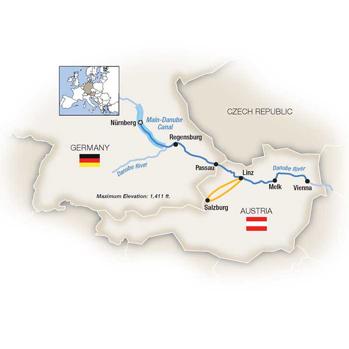 Christmas Markets Along the Danube - Eastbound Itinerary Map