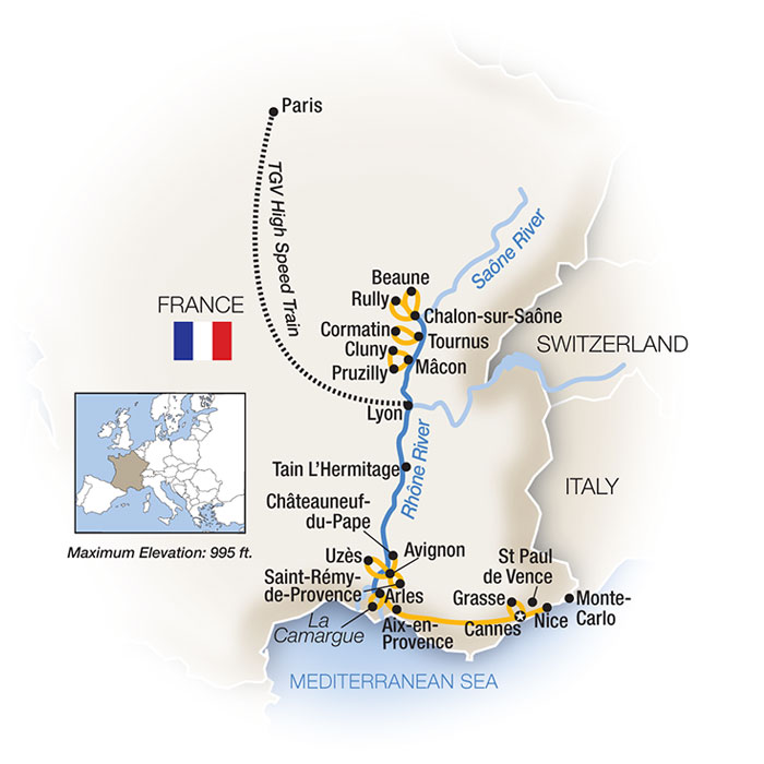 French Escapade: Paris to the Riviera - Northbound Itinerary Map