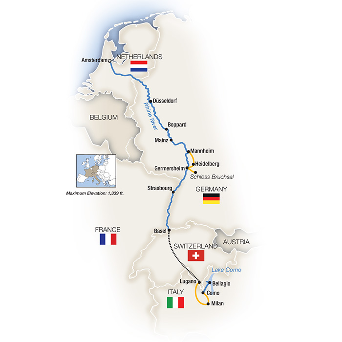 Rhine Enchantment, Amsterdam to Milan - Southbound Itinerary Map