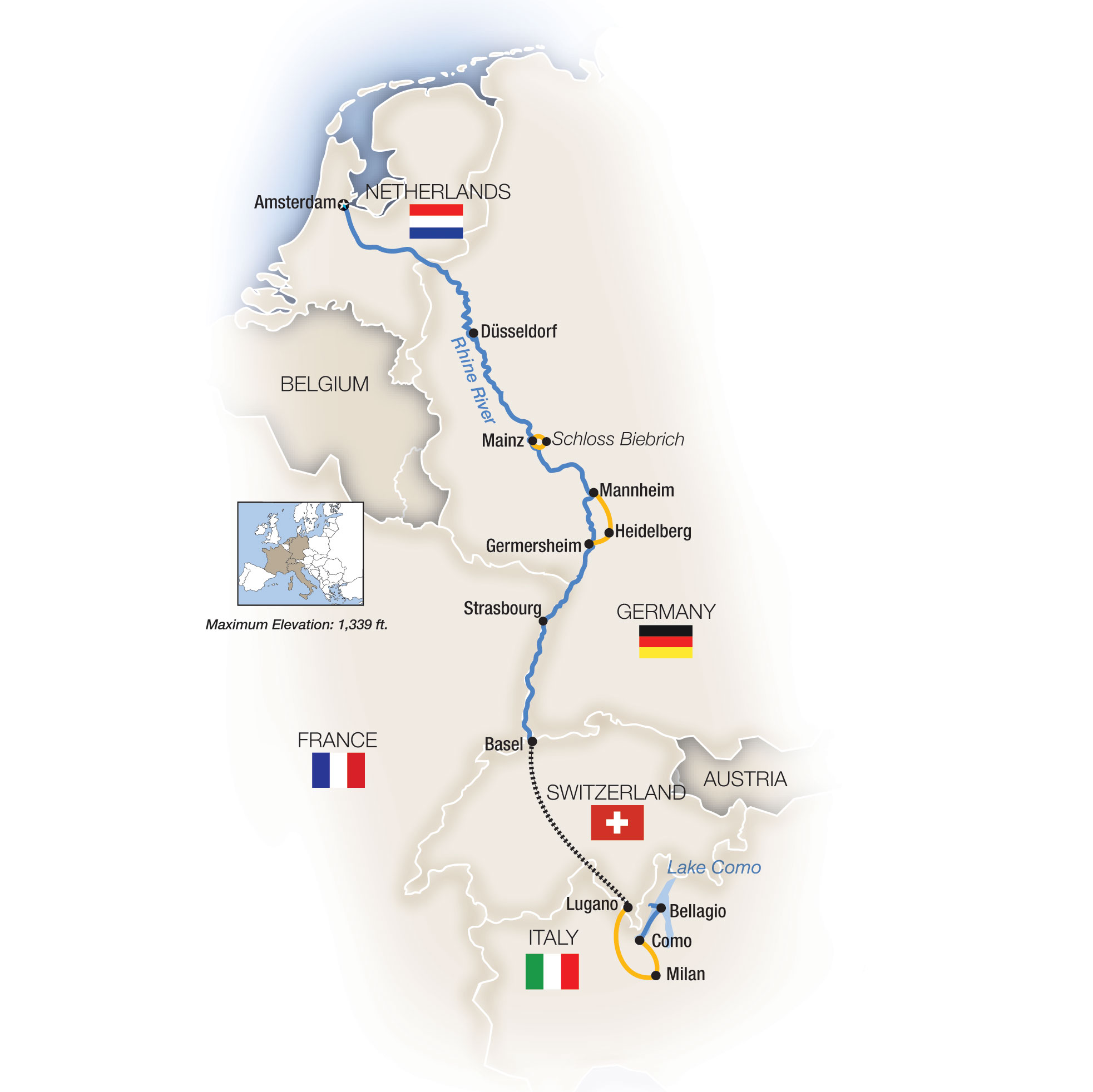 Rhine Enchantment, Amsterdam to Milan - Southbound Itinerary Map