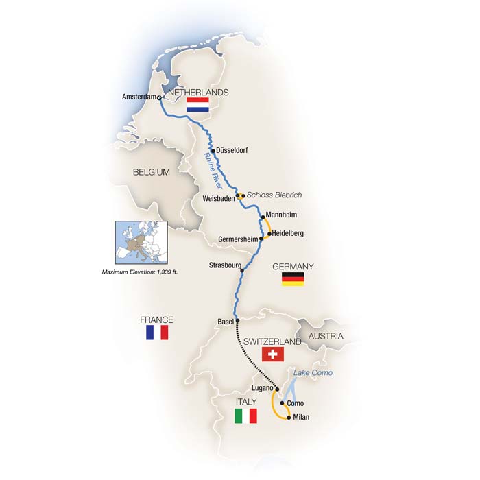 Rhine Enchantment, Amsterdam to Milan - Southbound Itinerary Map