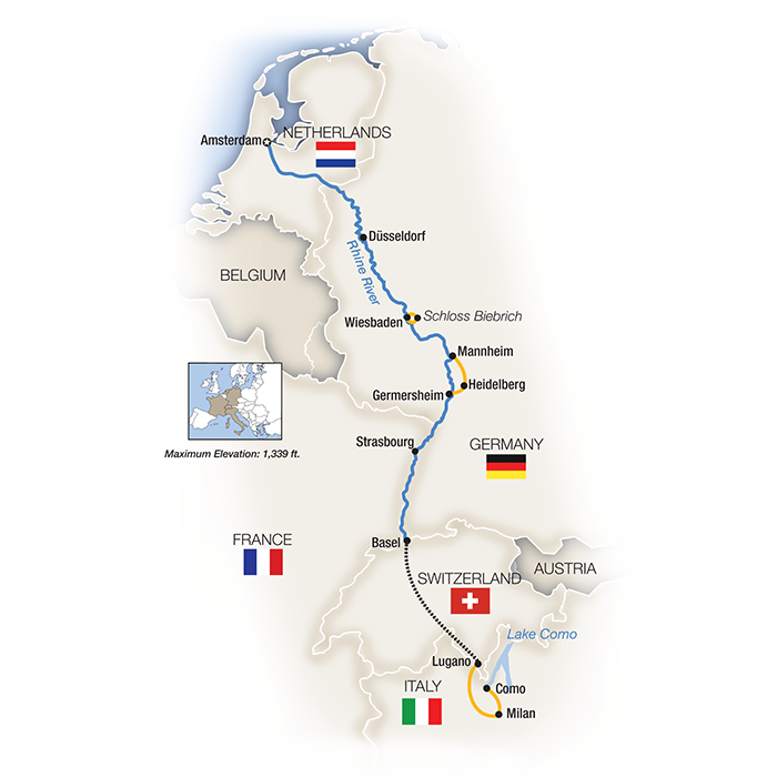 Rhine Enchantment, Amsterdam to Milan - Southbound Itinerary Map
