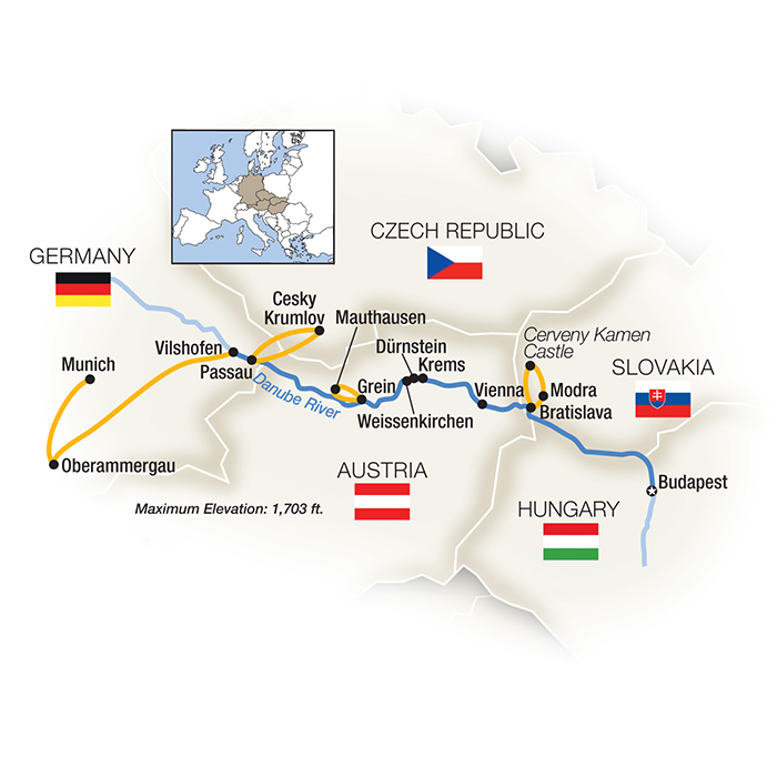 Map Of Heart of the Danube featuring Oberammergau Westbound