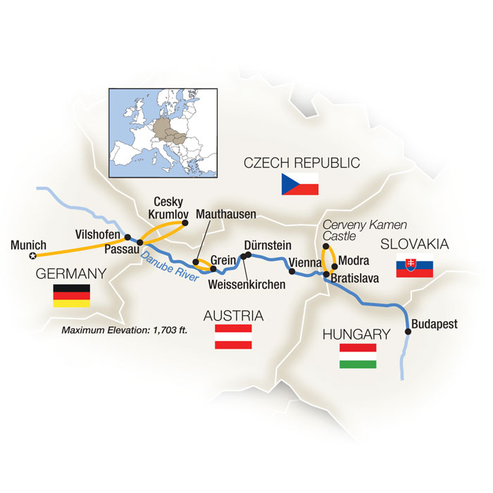 Heart of the Danube: Bavaria to Budapest - Eastbound Itinerary Map