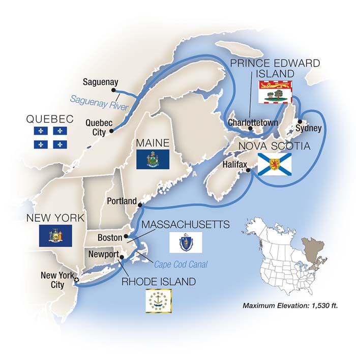 Shores of Eastern Canada and New England - Northbound Itinerary Map