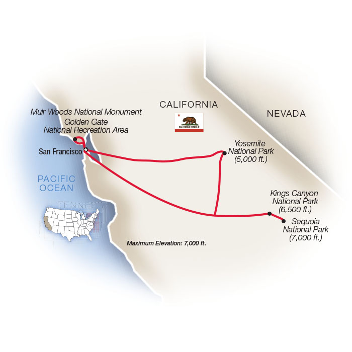 Yosemite and Sequoia: John Muir's California Itinerary Map