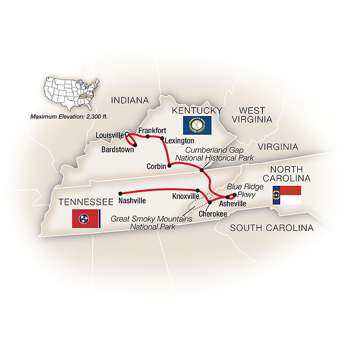 Bluegrass and Blue Ridges Louisville Kentucky Escorted Tour Map