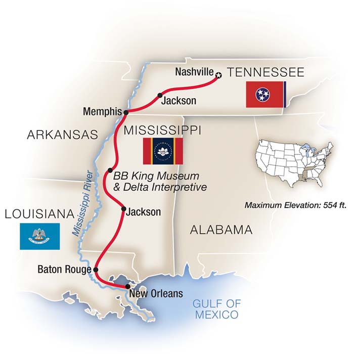Music of America: Nashville to New Orleans Itinerary Map