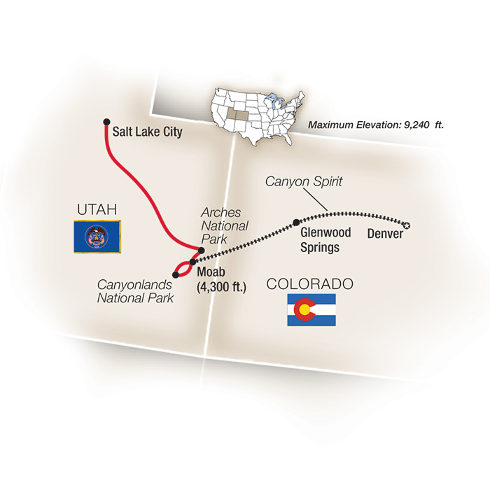 Denver to Salt Lake City with Canyon Spirit - Westbound Itinerary Map