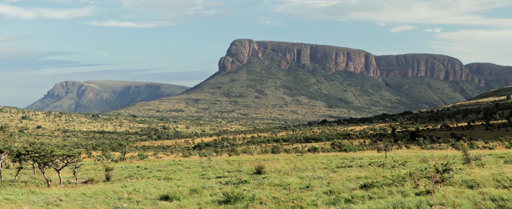 Flat-topped mountain landscape with grassy plains in South Africa